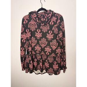 Anthropologie Entro Women Long Sleeve Small Pink Damask Black Peplum Gothic Cute